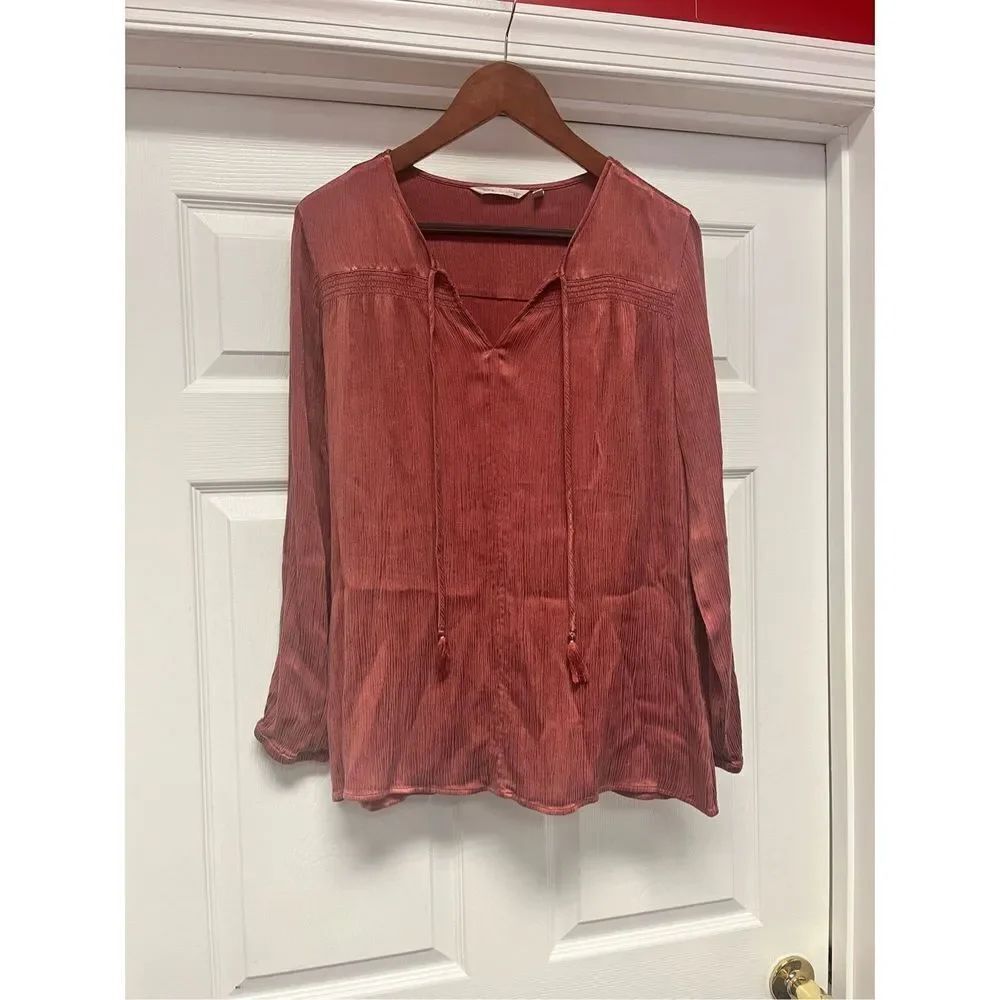 Soft Surroundings Dark Rose Cupro Crinkle Tassel Blouse sz L NWOT